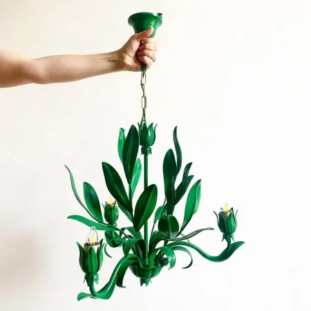 vintage-green-painted-metal-chandelier-floral-design